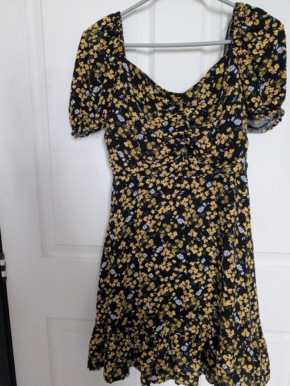 NOBO Black Mini Dress with Yellow and Light Blue Floral Print